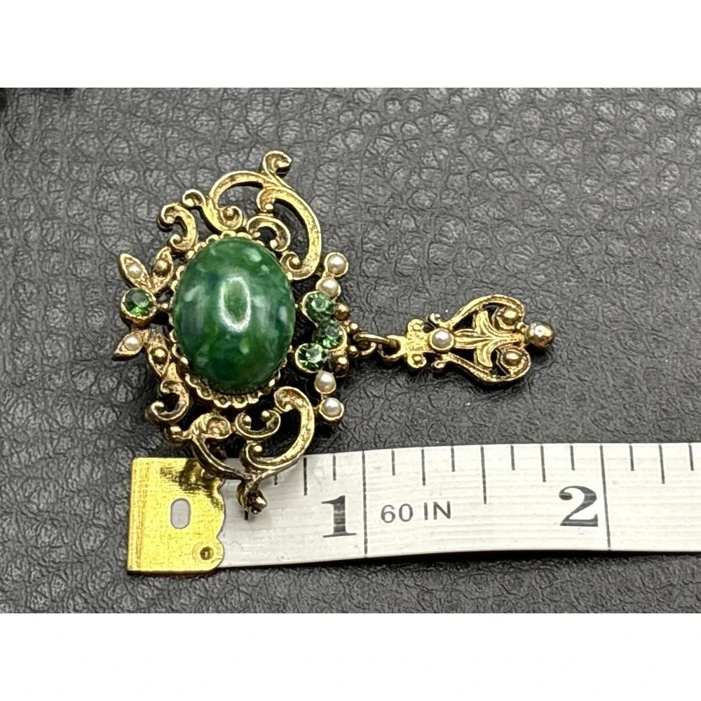 Vintage Marbled Green Cabochon Brooch Faux Pearl Rhinestone Dangle Charm